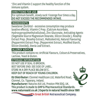 Natures Aid Zinc Lozenge (Peppermint) with Rosehip + Vitamin C 30 Lozenges
