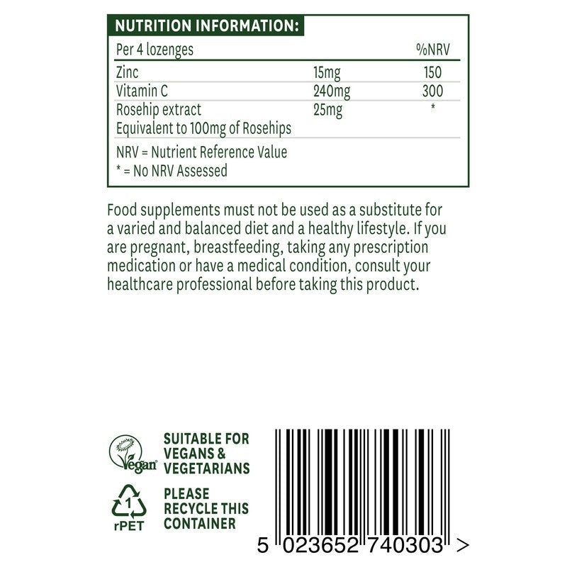Natures Aid Zinc Lozenge (Peppermint) with Rosehip + Vitamin C 30 Lozenges