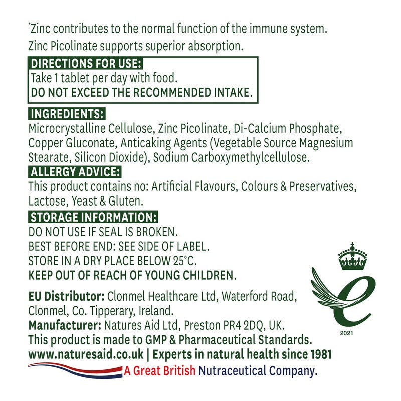 Natures Aid Zinc Picolinate 15mg elemental Zinc (as picolinate) 15mg 30 Tablets