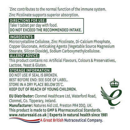 Natures Aid Zinc Picolinate 15mg elemental Zinc (as picolinate) 15mg 30 Tablets