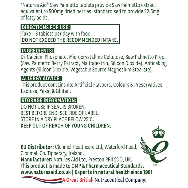 Natures Aid Saw Palmetto 500mg 90 Tablets