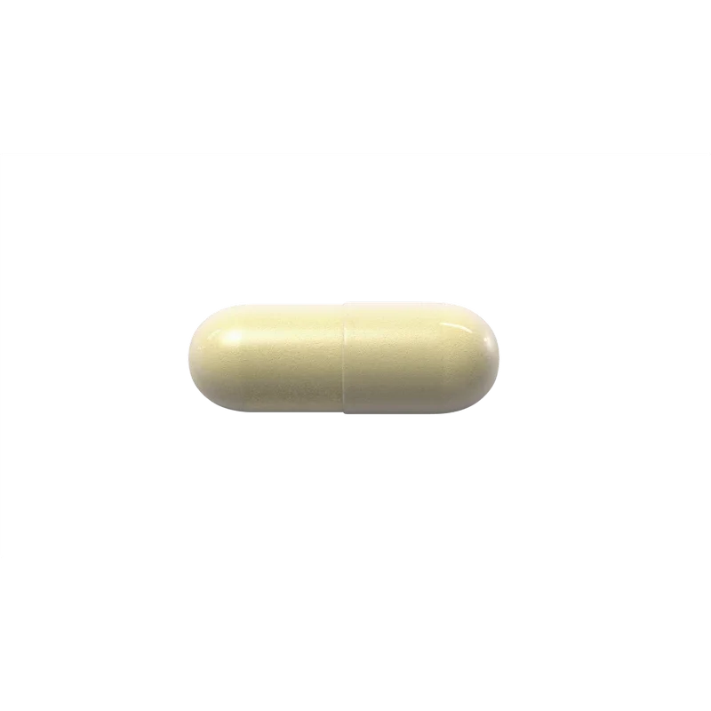 A single pale yellowish-green capsule pill centered on a plain white background.