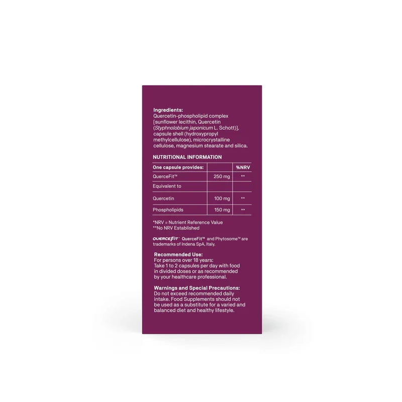 The back of a dark purple supplement box showing ingredient and nutritional information in white text, photographed on a clean white background.