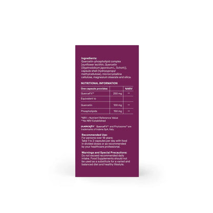 The back of a dark purple supplement box showing ingredient and nutritional information in white text, photographed on a clean white background.