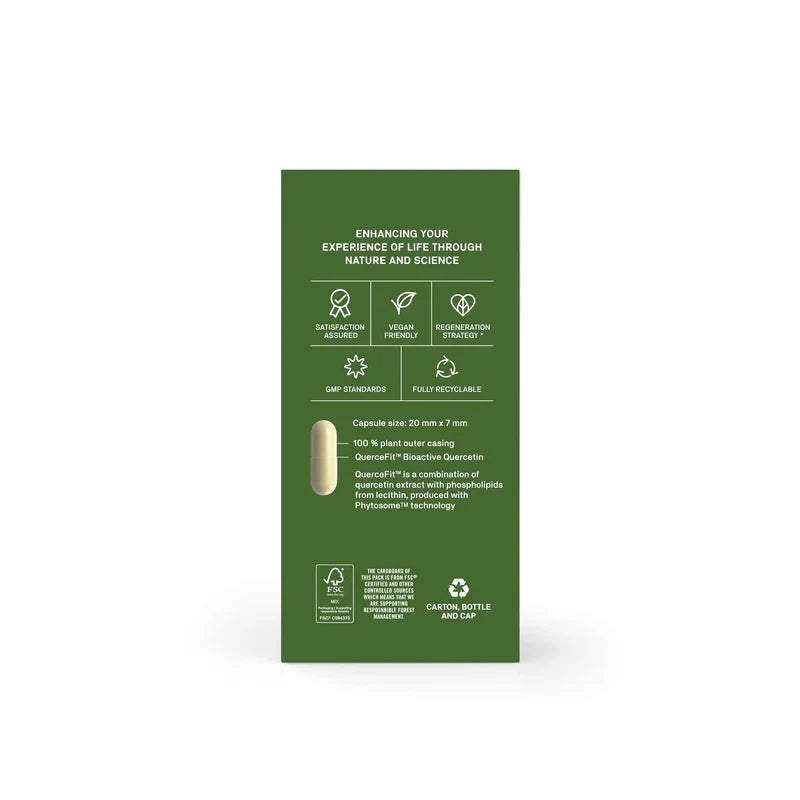 A tall, narrow green product box shown upright on a plain white background. The front has white text and small icons describing features such as resorption, vegan formulation, GMP manufacturing, and carbon neutral shipping.