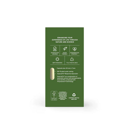 A tall, narrow green product box shown upright on a plain white background. The front has white text and small icons describing features such as resorption, vegan formulation, GMP manufacturing, and carbon neutral shipping.