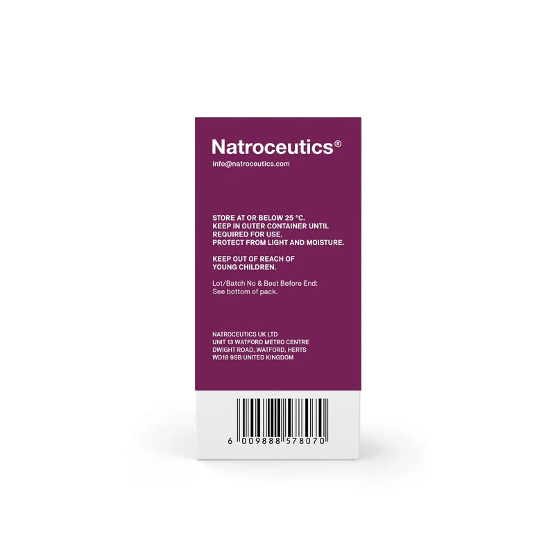 The back of a Natroceutics product box, featuring a dark purple header with white text and a white lower section with a barcode, set against a plain white background.