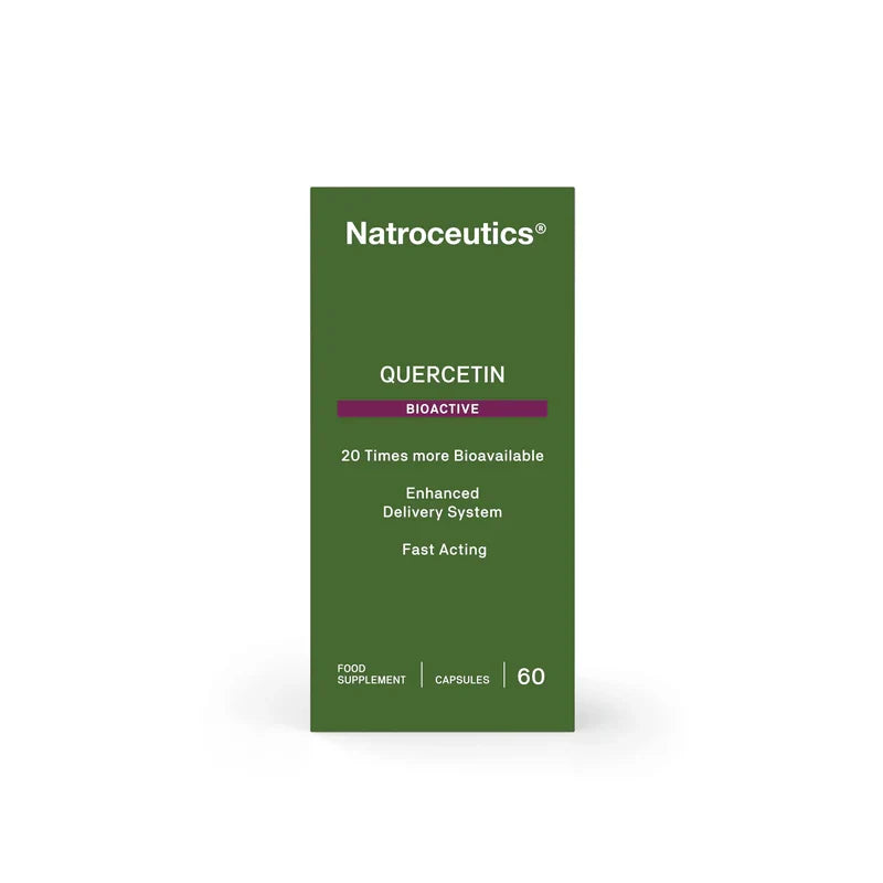 A tall green rectangular box of Natroceutics Quercetin Bioactive food supplement capsules, shown on a clean white background.