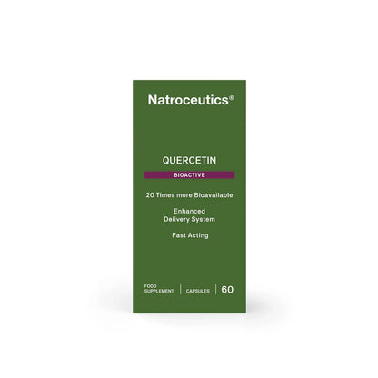 A tall green rectangular box of Natroceutics Quercetin Bioactive food supplement capsules, shown on a clean white background.