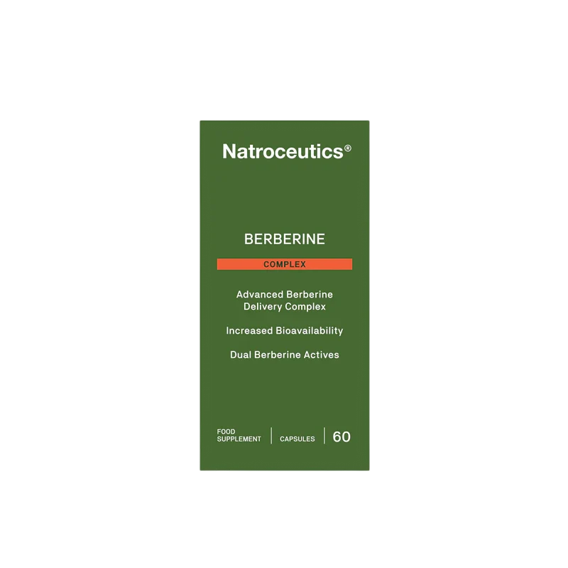 A green rectangular product box for Natroceutics Berberine Complex, featuring white text and an orange accent bar, centered on a plain white background.