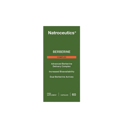 A green rectangular product box for Natroceutics Berberine Complex, featuring white text and an orange accent bar, centered on a plain white background.