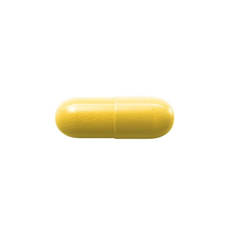 A single yellow capsule pill centered on a plain white background.