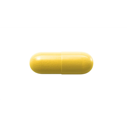 A single yellow capsule pill centered on a plain white background.