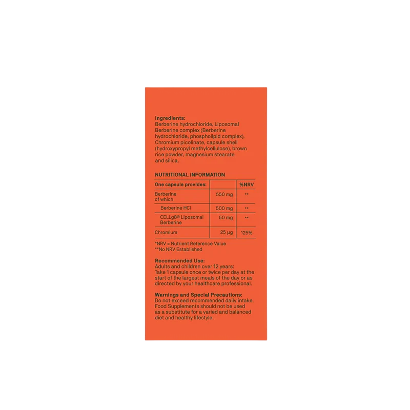 An orange rectangular supplement facts label with black text showing ingredients, nutritional information, recommended use, and warnings and special precautions.