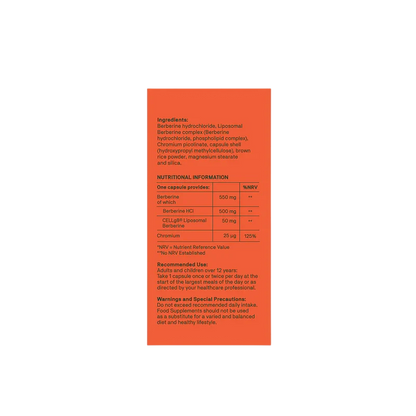 An orange rectangular supplement facts label with black text showing ingredients, nutritional information, recommended use, and warnings and special precautions.