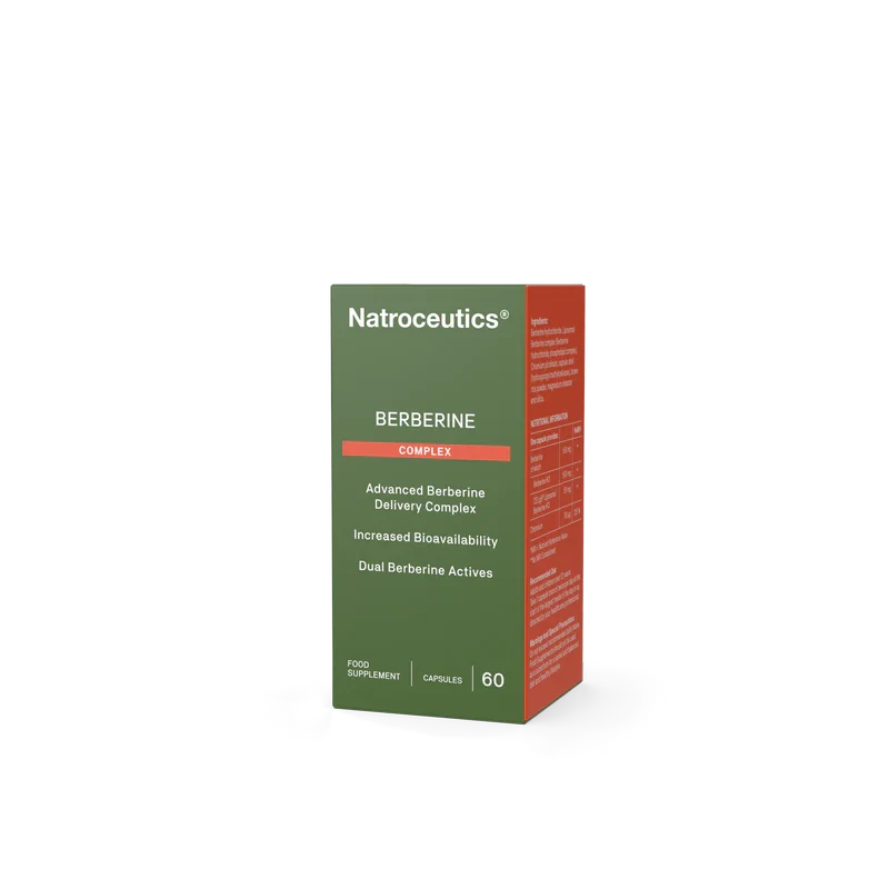 A box of Natroceutics Berberine Complex food supplement, featuring a dark green front panel with white text and a red-orange side panel, shown on a plain white background.