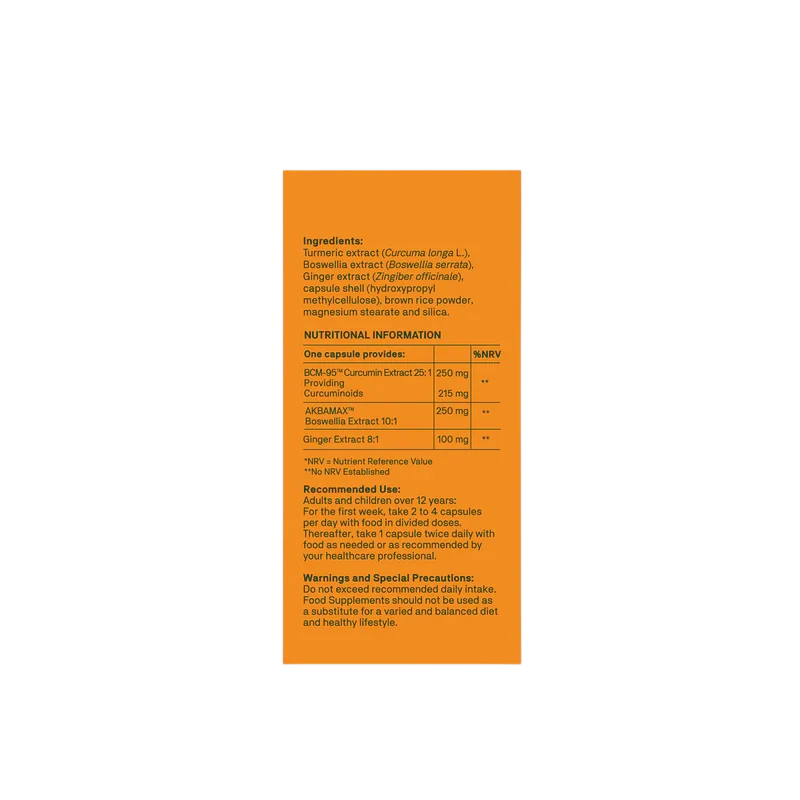 A rectangular orange label with black text showing product ingredients, nutritional information, recommended use, and warnings. The label is photographed against a plain white background.