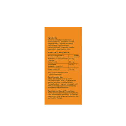 A rectangular orange label with black text showing product ingredients, nutritional information, recommended use, and warnings. The label is photographed against a plain white background.