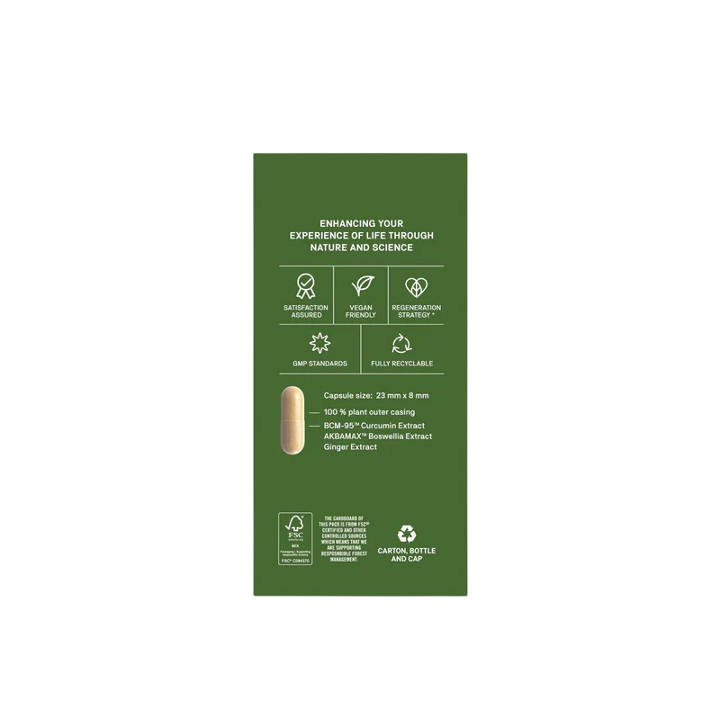 A vertical olive green product information card for a dietary supplement capsule, featuring white text and icons detailing product attributes, a small photo of the beige capsule, and recycling and care instructions.