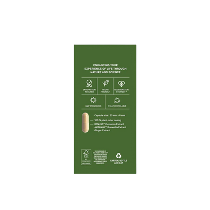 A vertical olive green product information card for a dietary supplement capsule, featuring white text and icons detailing product attributes, a small photo of the beige capsule, and recycling and care instructions.