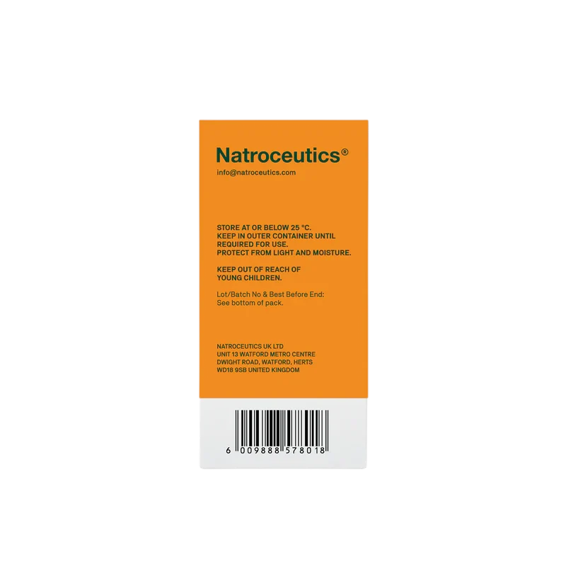 The back of a Natroceotics product box, featuring an orange background with black text containing storage instructions, a barcode, and the company address.