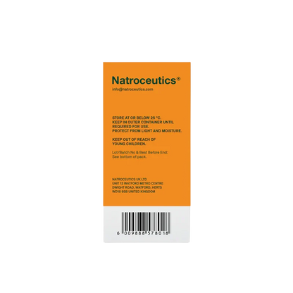 The back of a Natroceotics product box, featuring an orange background with black text containing storage instructions, a barcode, and the company address.