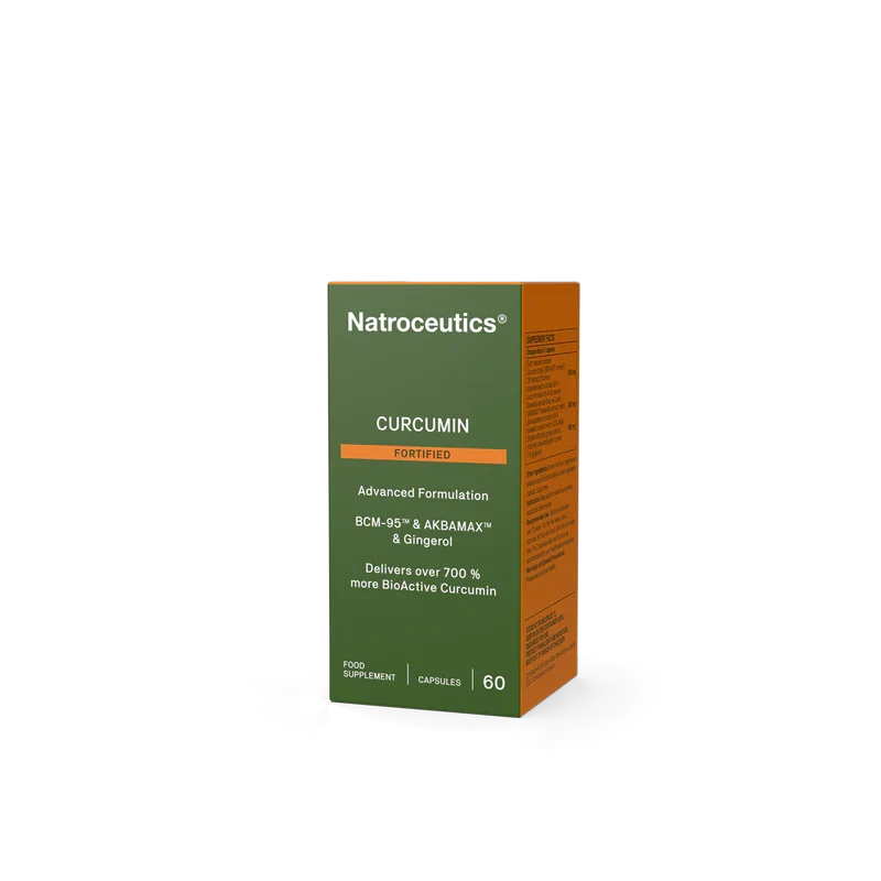 A box of Natroceutics Curcumin capsules, featuring a dark green front panel with white text and an orange accent bar, alongside an orange side panel, set against a plain white background.