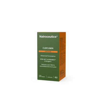 A box of Natroceutics Curcumin capsules, featuring a dark green front panel with white text and an orange accent bar, alongside an orange side panel, set against a plain white background.