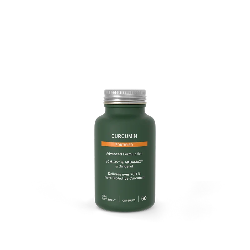A dark green bottle of Curcumin Powder dietary supplement with a silver cap, centered on a plain white background.