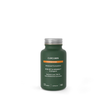 A dark green bottle of Curcumin Powder dietary supplement with a silver cap, centered on a plain white background.