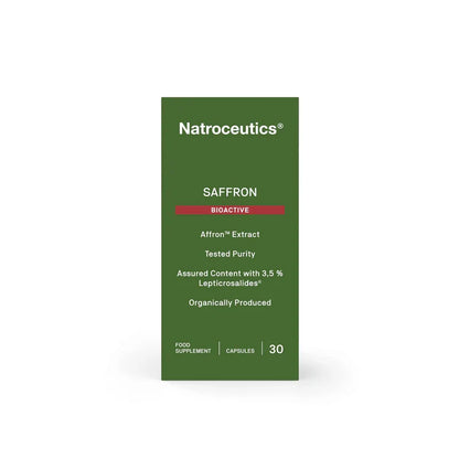 A tall, rectangular green box of Natroceutics Saffron Biactive food supplement capsules, shown on a clean white background.
