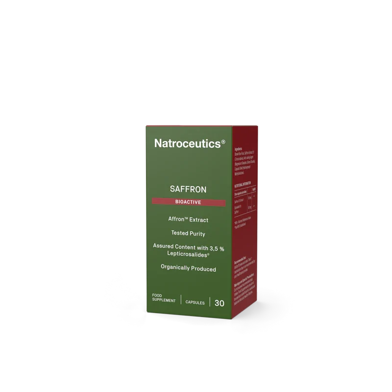 A box of Natroceutics Saffron Bioactive food supplement capsules, featuring a dark green front panel and a deep red side panel, set against a plain white background.