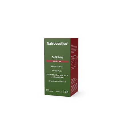 A box of Natroceutics Saffron Bioactive food supplement capsules, featuring a dark green front panel and a deep red side panel, set against a plain white background.