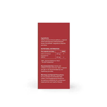 Red supplement package with nutritional information on a white background