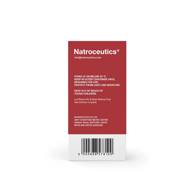 A tall rectangular product box shown upright on a white background. The box has a dark red upper section with white text reading 'Natroceutics' and a white lower section with a barcode.