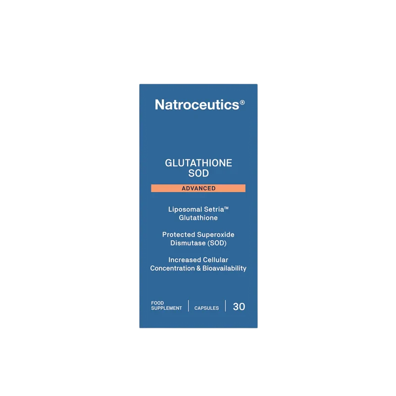 A tall blue rectangular product box for Natroceutics Glutathione SOD Advanced, with white text and a small orange accent band, centered on a plain white background.