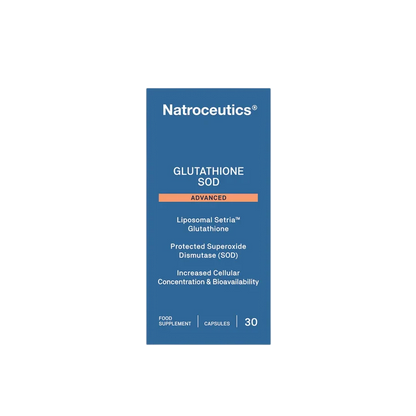 A tall blue rectangular product box for Natroceutics Glutathione SOD Advanced, with white text and a small orange accent band, centered on a plain white background.