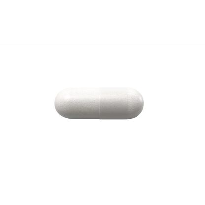 A single white, oblong capsule pill centered on a solid white background.