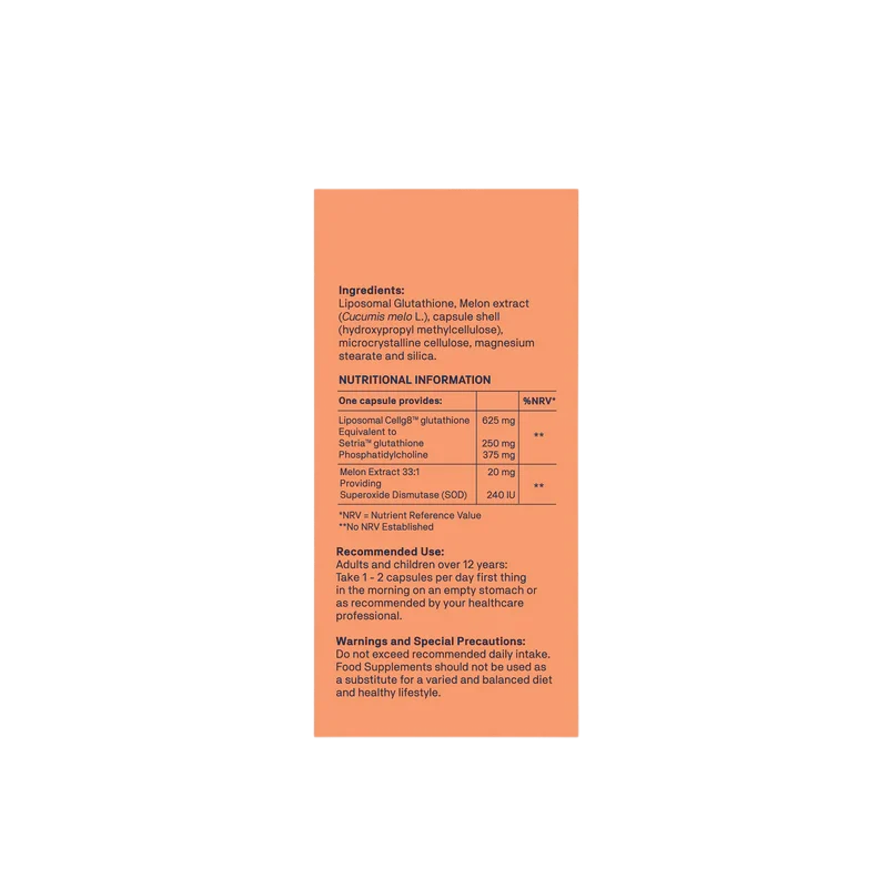 An orange rectangular label showing supplement product information, including ingredients, nutritional information, recommended use, and warnings, on a white background.