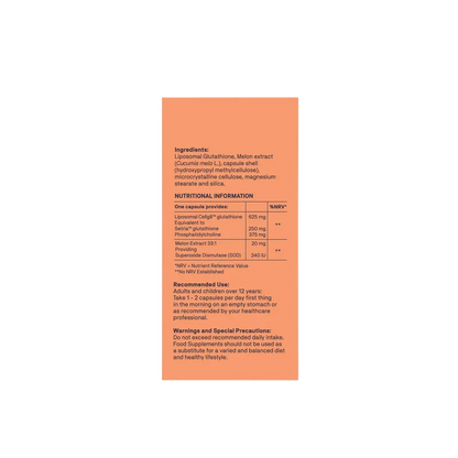 An orange rectangular label showing supplement product information, including ingredients, nutritional information, recommended use, and warnings, on a white background.
