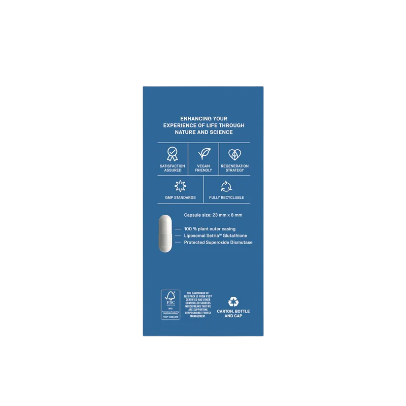 A tall blue product information card showing text and icons about a capsule, including size 23 mm x 8 mm, 100% plant outer coating, and GMP standards, on a white background.