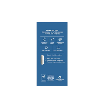 A tall blue product information card showing text and icons about a capsule, including size 23 mm x 8 mm, 100% plant outer coating, and GMP standards, on a white background.