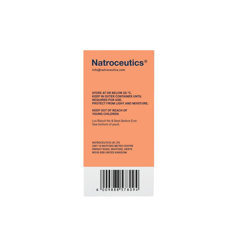The back of a Natroceutics product box in orange and white, showing storage instructions, a barcode, and company details.