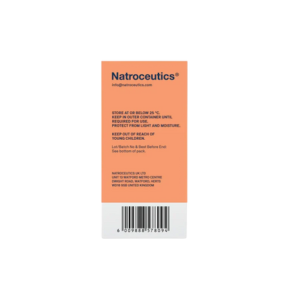 The back of a Natroceutics product box in orange and white, showing storage instructions, a barcode, and company details.