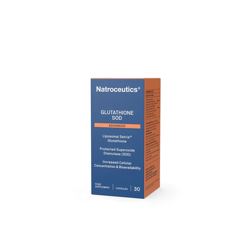 A box of Natroceutics Glutathione SOD Advanced food supplement capsules, shown on a clean white background. The box is dark blue on the front with an orange side panel and a central orange label.