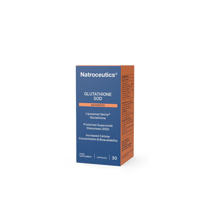 A box of Natroceutics Glutathione SOD Advanced food supplement capsules, shown on a clean white background. The box is dark blue on the front with an orange side panel and a central orange label.