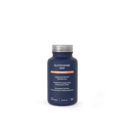 A dark blue bottle of Glutathione Sod supplement with a silver cap and white text, centered on a plain white background.