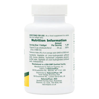Natures Plus Vitamin D3 1,000iu 180 Softgels