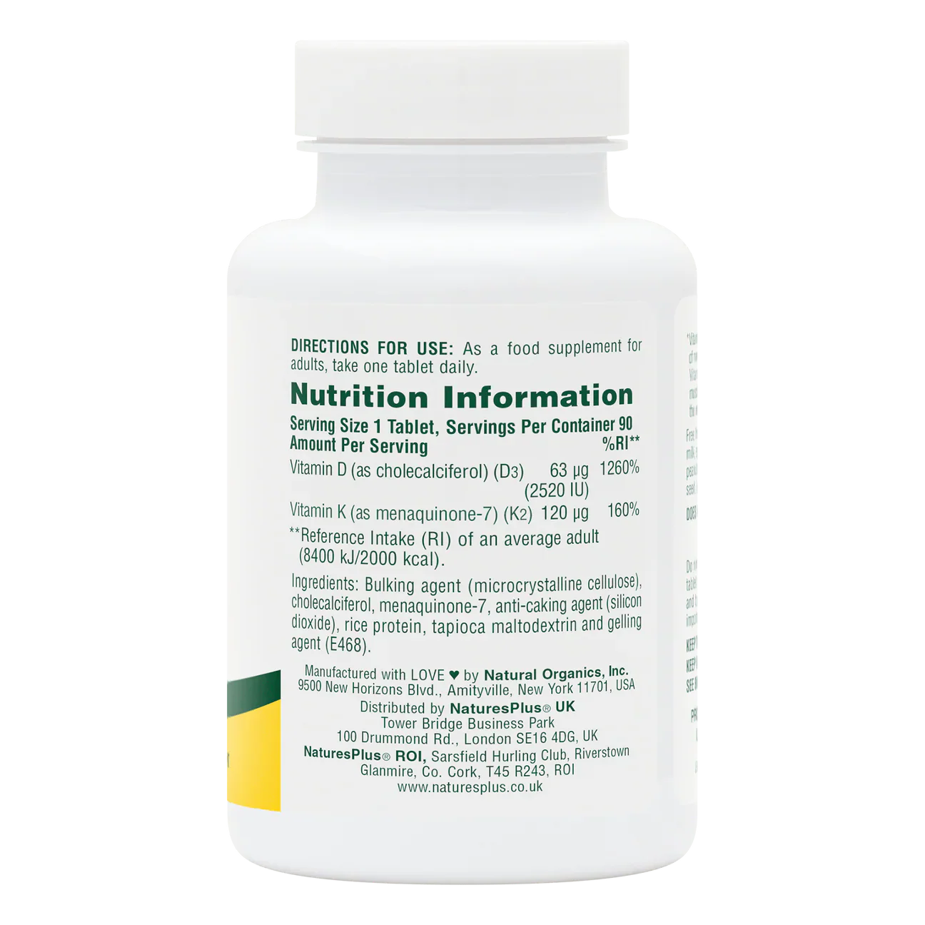 Natures Plus Vitamin D3(2500iu) With K2(120 mcg) 90 Tablets