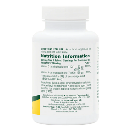 Natures Plus Vitamin D3(2500iu) With K2(120 mcg) 90 Tablets